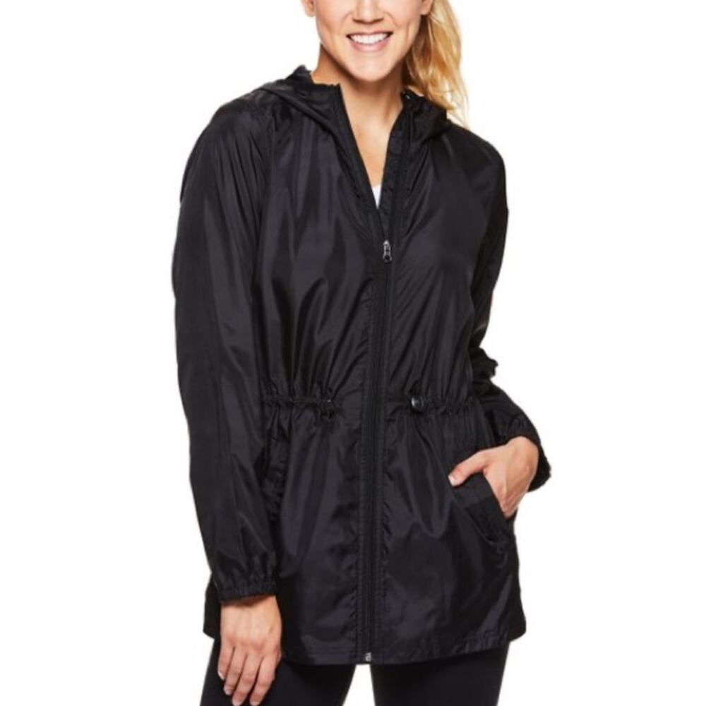 Gaiam Cinched Waist Anorak Windbreaker Jacket Hooded Black Size M Lightweight
